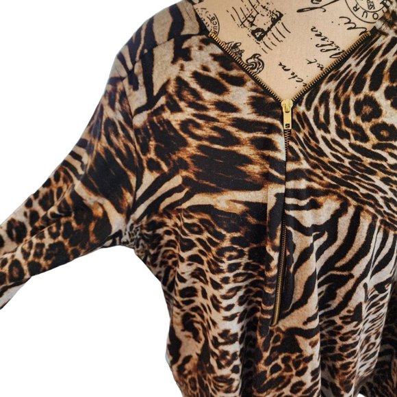 Clientele Blouse Women's Size OS Animal Print Tiger 3/4 Sleeve Zip - Picture 13 of 16
